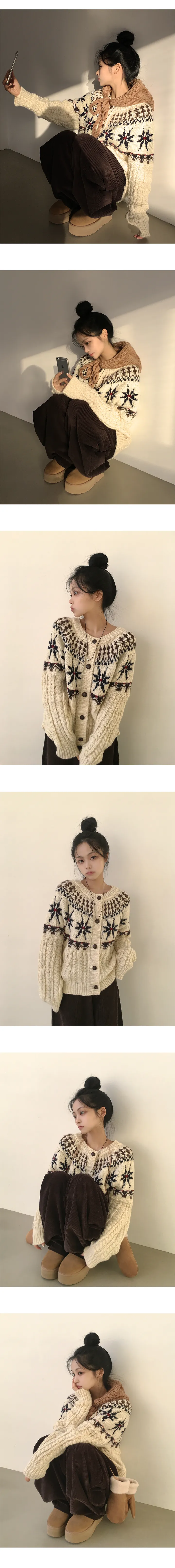 [겨울감성⛄/도톰,아방핏] 빈티지무드 가득, 노르딕 패턴 꽈배기 루즈핏 니트가디건 (2color) 상세 이미지 4