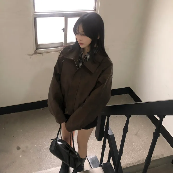 [고급레더!핏보장🤎]매트 무광 오버핏 가죽 레더 스웨이드 블루종 자켓 점퍼 2color 상세 이미지 26