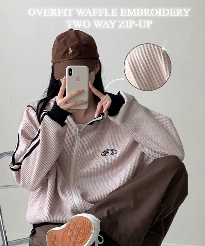 [지퍼투웨이/자수포인트!] 남녀공용 오버핏 와플 트랙 배색 하이넥 집업 4c 상세 이미지 2