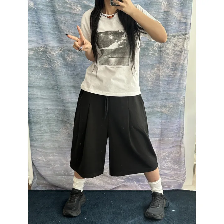 [UNISEX/기획특가/소장추천!/3size!]사이드 폴드 핀턱 포인트 루즈 와이드 벌룬 버뮤다 하프 트레이닝 팬츠(2color) 상세 이미지 9