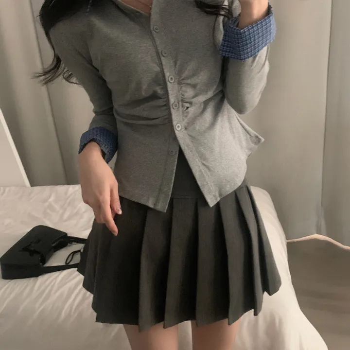 [일체형!/말라핏] 레이디 체크 셔링 레이어드 롱슬리브 버튼 긴팔티셔츠 - 4color 상세 이미지 11
