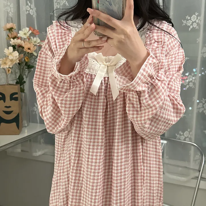 [당일출고/3컬러] 루즈핏 귀여운 스몰 체크 오버핏 긴팔 원피스 파자마 잠옷 상세 이미지 29