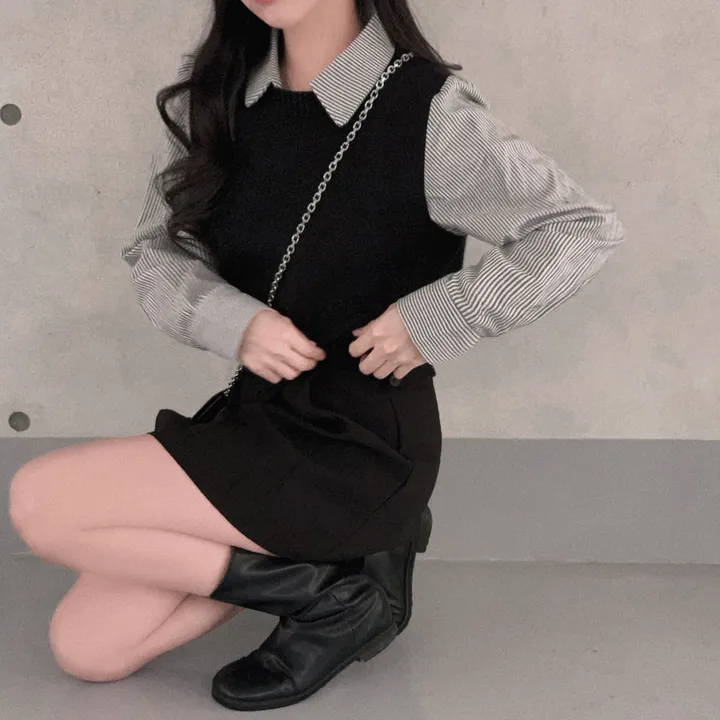 [단독/일체형!/✨주문폭주✨]올인원 쓰리버튼 레이어드 일체형 스트라이프 셔츠+니트조끼 상세 이미지 10