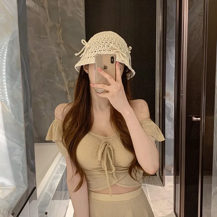 [러블리무드🎀소두핏] 벙거지 버킷햇 꽈배기 그물 뜨개 니트 짜임 모자 봄 여름 휴양지룩 휴가룩 여행룩 3COL 상세 이미지 3