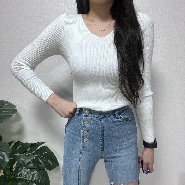 1000장 돌파! 🚀당일발송!🚀✨진짜최저가보장✨ 🎊봄까지 쭉!🎊 주문폭주 🎀리뷰극찬🎀 2개 구매시 묶음할인! 기본 슬림 골지 브이넥 니트 긴팔티 상세 이미지 5