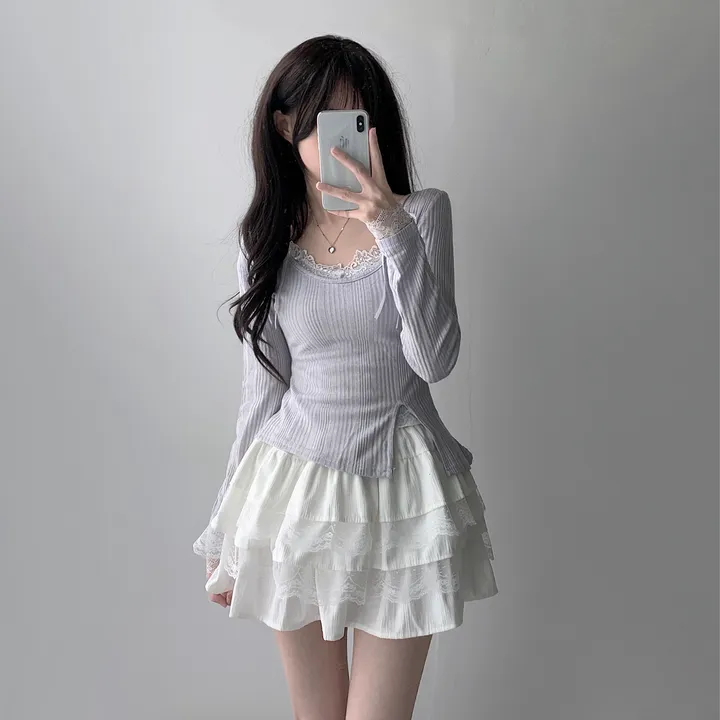 [은은한펄/러블리] 트윙클 골지 슬릿 펄 긴팔 티셔츠+레이스 리본 나시&슈아 밴딩 캉캉 미니 스커트 투피스 쓰리피스 코디세트 단품 세트 상세 이미지 5