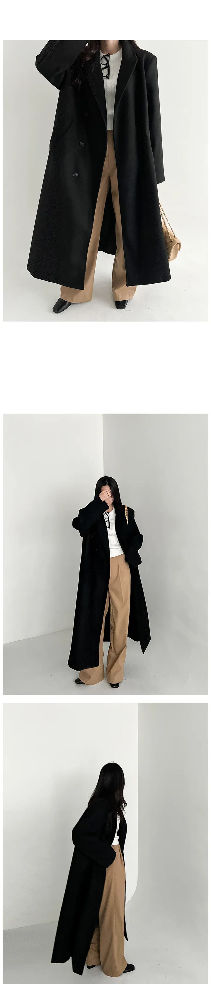(44-99)할리 롱 루즈핏 울 더블 코트 겨울 빅사이즈 트렌디 오버핏 박시핏 꾸안꾸 심플 베이직 아우터 자켓 상세 이미지 3