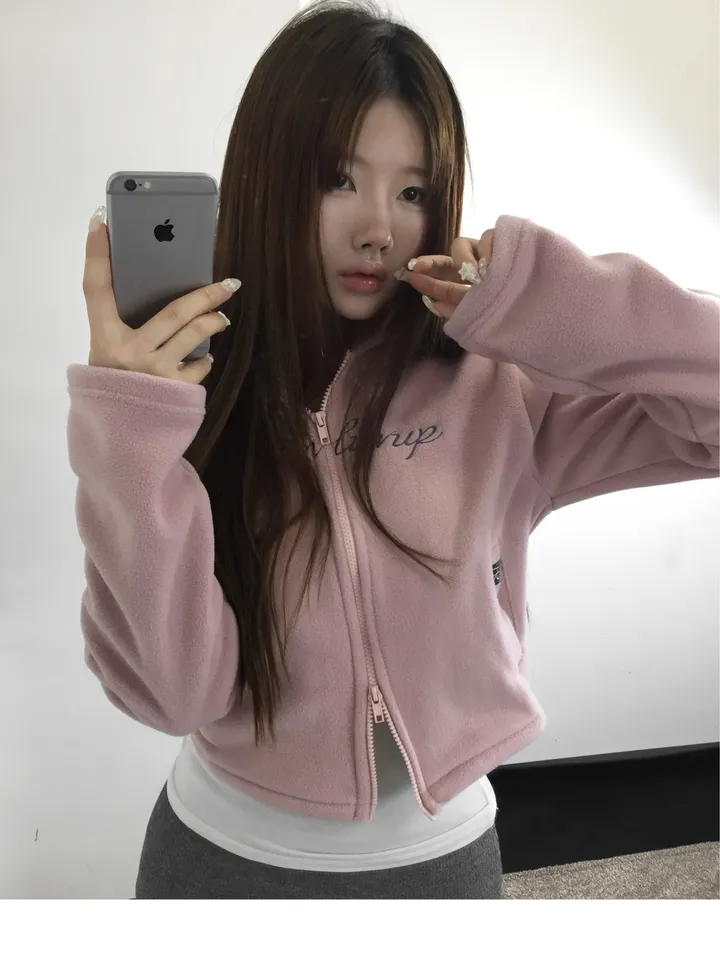 [🖤MADE] [핏보장] Uhi 세미 크롭 슬림핏 투웨이 플리스 후드집업 점퍼 - Indie Pink 상세 이미지 3