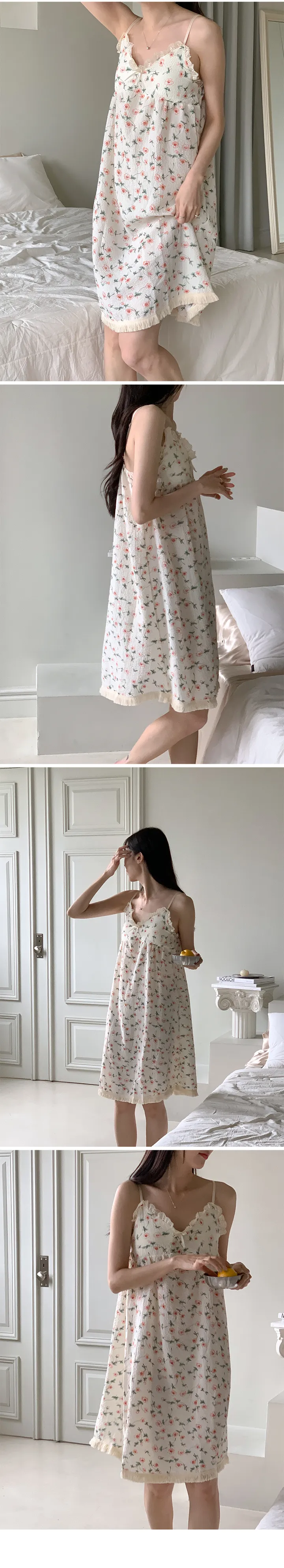 [내장패드/요루면] 피드 레이스 나시 원피스 파자마 여성 홈웨어 민소매 여름 잠옷 홈드레스 리본 프릴 캡내장 캡나시 나비 밑단 수술 no.2027 상세 이미지 9