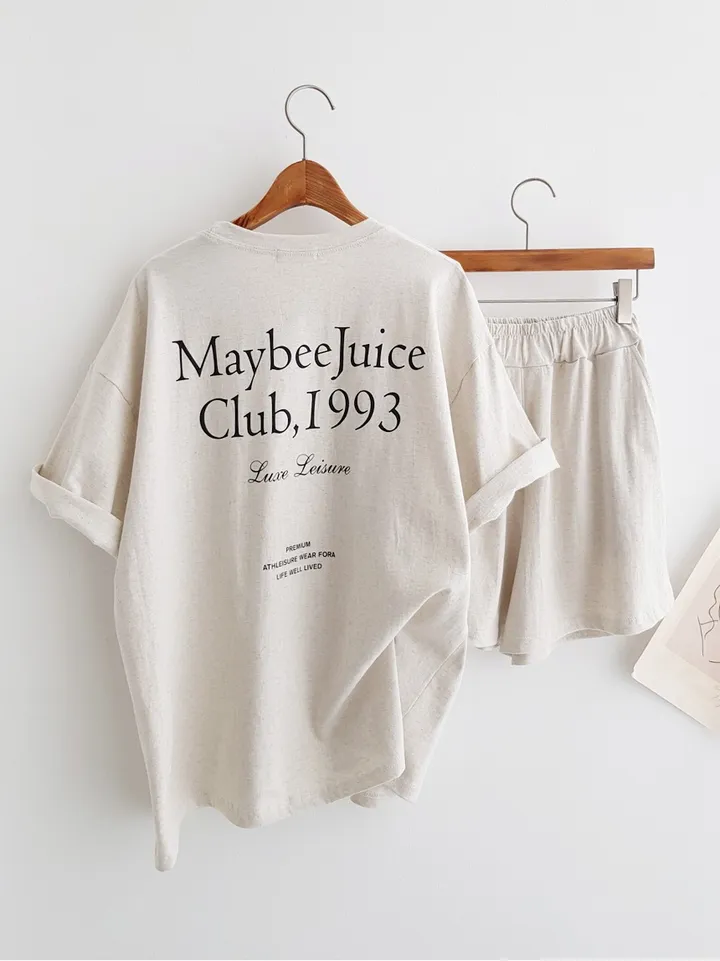 [세트가격!] Maybee 레터링 프린트 오버핏티셔츠 반팔 티셔츠 밴딩 반바지 홈웨어세트 여름파자마 트레이닝복 츄리닝세트 주말룩 여름휴가 바캉스룩 이지웨어세트 상세 이미지 9
