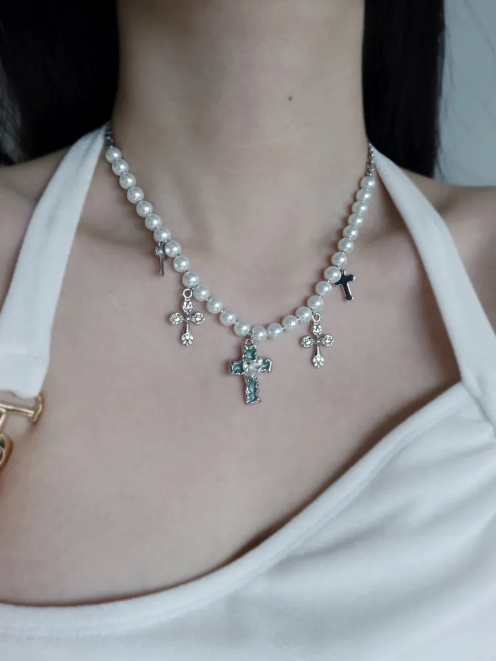 blue cross necklace | 블루 하트 십자가 진주 목걸이 상세 이미지 20