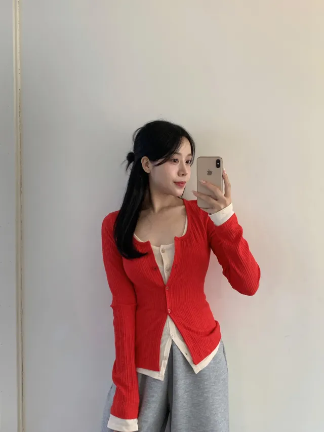 시선 골지 레이어드 배색 단추 가디건 티셔츠4color 상세 이미지 46