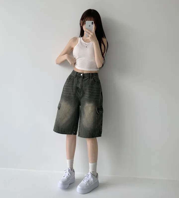 후기극찬![핏보장❤︎/힙무드/~XL] 이브닝 빈티지 힙 워싱 하이웨스트 와이드 카고 하프 버뮤다 5부 청 반바지 데님 팬츠 빅사이즈 상세 이미지 29