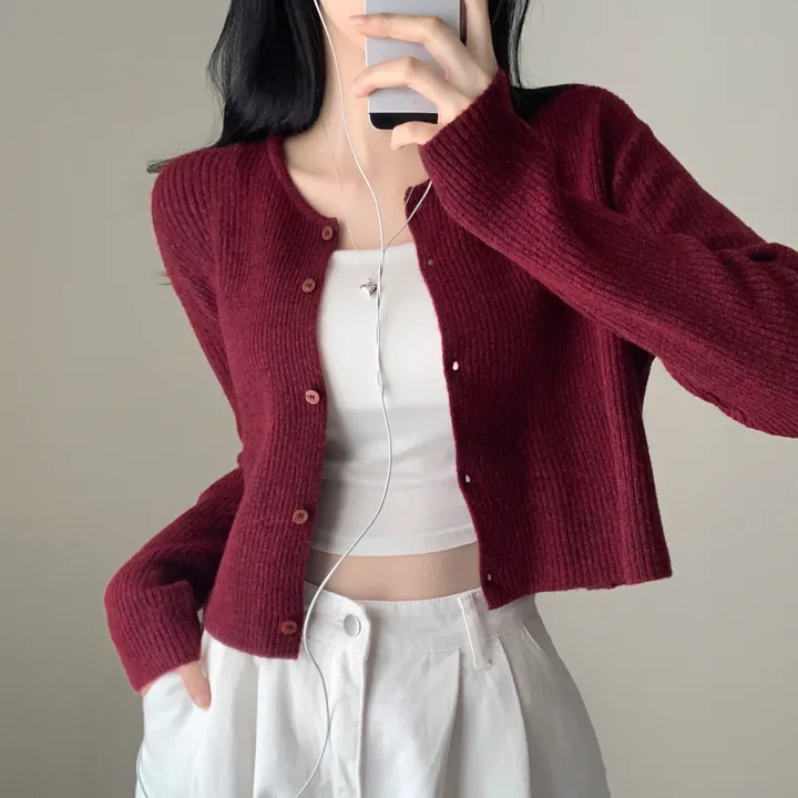 [캐시울/만족도100%] 크렌베리🍇 여리핏 캐시울 아크릴 라운드 골지 크롭 긴팔 가디건 상세 이미지 8