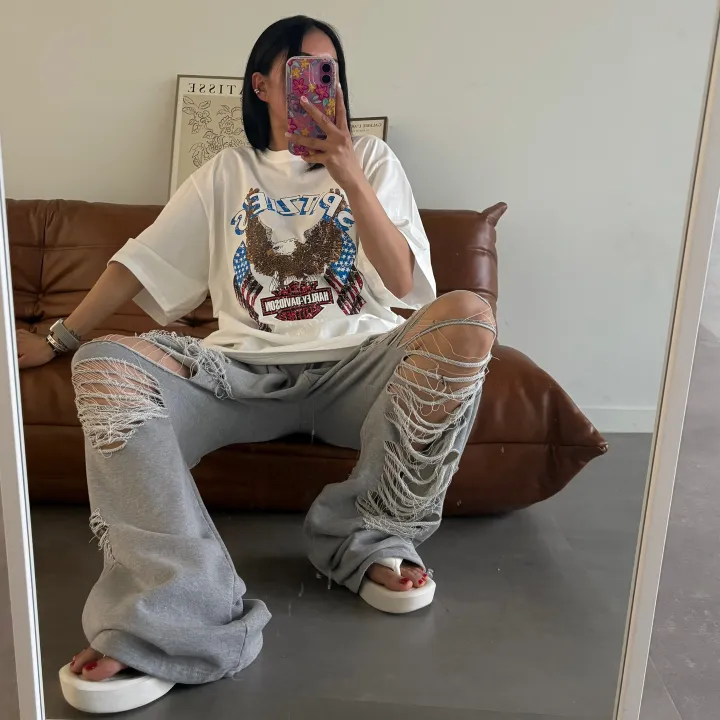 [허리~63까지 MD 추천🤩] 데미지 디트로이드 제니팬츠 / 유니크 스트릿 댄스복 페스티벌 체육대회 빅사이즈바지 세미 부츠컷 조거팬츠 봄바지 여름바지 댄스복 하비언니 와이드팬츠 상세 이미지 75