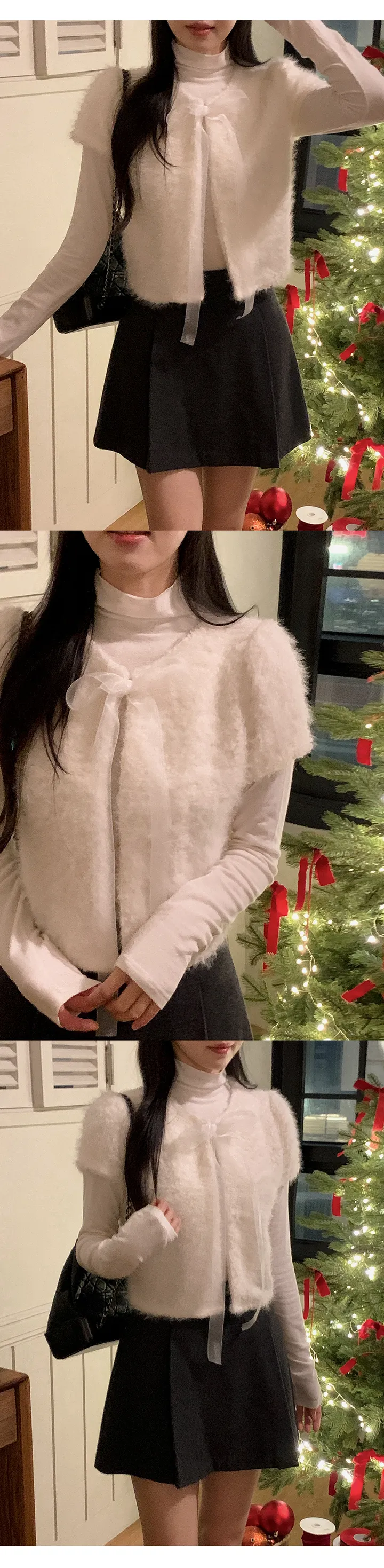 [하객룩][리본탈부착가능][리본 셋트][MADE][자체제작][국내 생산]스노우 시어 쉬폰 리본 퍼 반팔 가디건 (3color) 상세 이미지 12