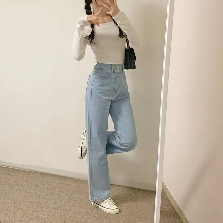[뒷밴딩] 다인 투버튼 데님 팬츠 / 청바지 세미 와이드 일자 스트레이트 데일리 캐주얼 베이직 캠퍼스 학생 꾸안꾸 수학여행 수련회 상세 이미지 10