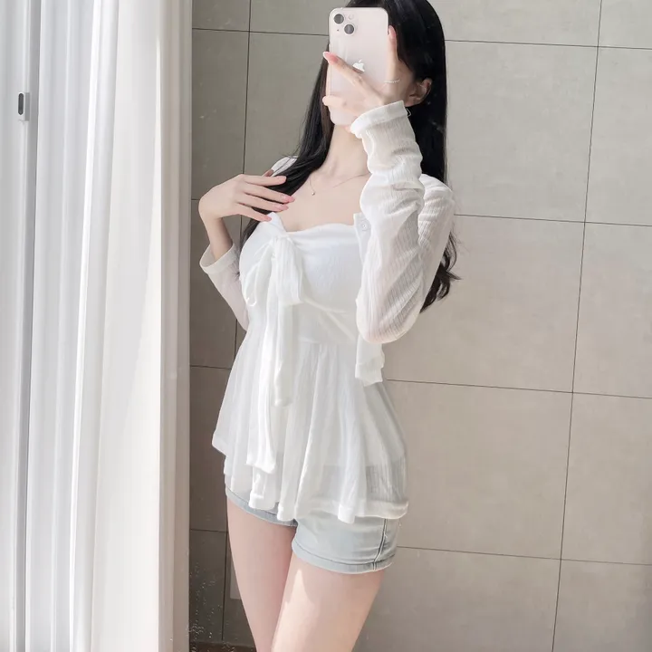 *퀄보장🩷뱃살커버* 클린 리본 플레어라인 나시 가디건 set 상세 이미지 7