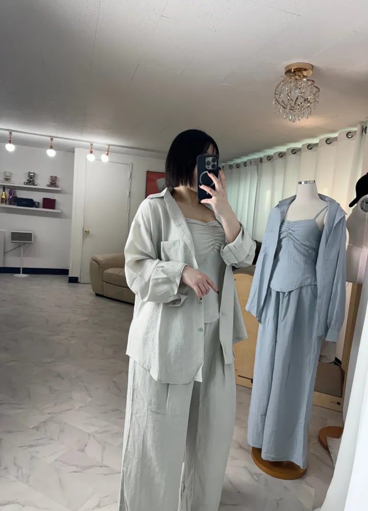 [체형커버/쓰리피스]오버핏 셔츠 스모크 밴딩 나시 와이드팬츠 쓰리피스 세트 상세 이미지 23