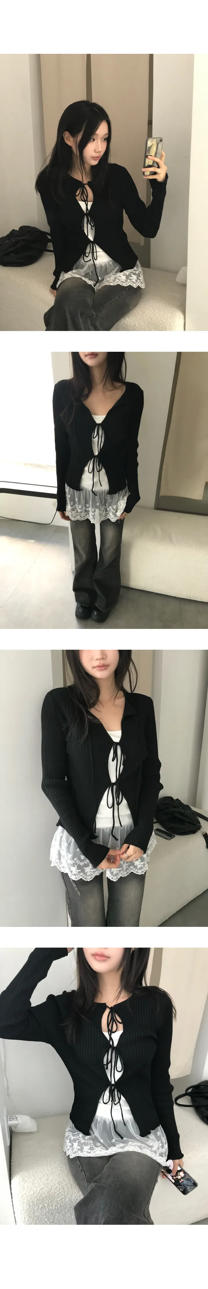 [봄신상🌸/3color]유리  스트랩 리본 골지 니트 가디건 상세 이미지 8