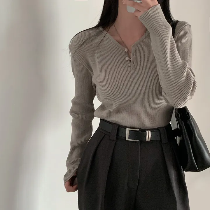 [4계절필수 디자인/연그레이 당일출고✨] 자체제작 #크치Made 젤리 버튼 트임 브이넥 골지 겨울 니트 긴팔티셔츠 - nt 상세 이미지 162