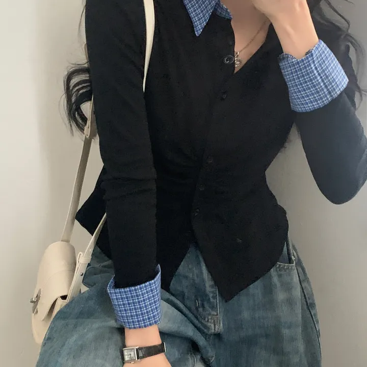 [일체형!/말라핏] 레이디 체크 셔링 레이어드 롱슬리브 버튼 긴팔티셔츠 - 4color 상세 이미지 21