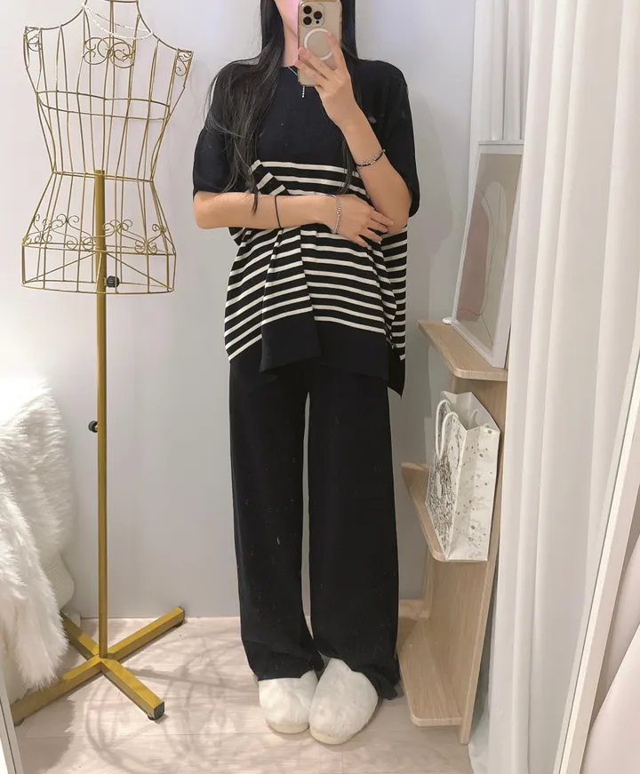 *빠른출고 *체형커버굿 [*44-77/highqual] 모먼트 스프라이트 소프트 단가라 케이프 니트 + 밴딩 와이드 니트 팬츠 투피스 트레이닝세트 - 4color 상세 이미지 34