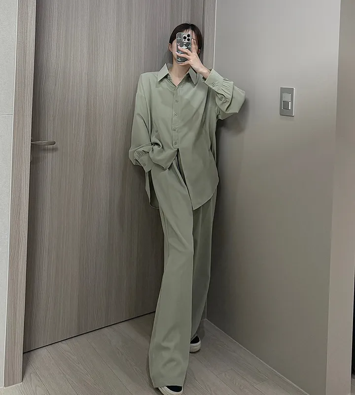 [최저가/부분당일발송🚚]빅사이즈 루즈핏 패치 남방셔츠 스트링 슬랙스 와이드팬츠 투피스세트/44-88/빅사이즈/찰랑/시원한소재/여름신상/뒷밴딩/여름하객룩/휴양지룩/바캉스룩/투웨이 상세 이미지 21
