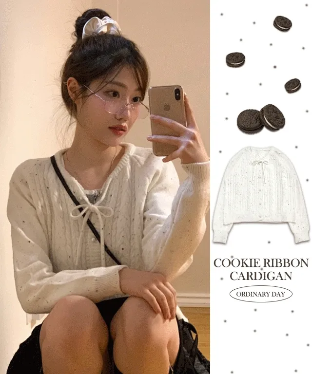 쿠키 리본 피셔 진주 버튼 니트 긴팔 가디건 one color 상세 이미지 6