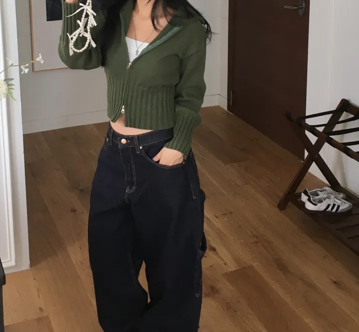 [간절기신상/허리잘록!] 데일리 투웨이 카라넥 하이넥 세미 크롭 니트 집업 상세 이미지 10