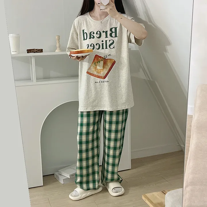💚[당일출고/긴팔추가!]💚 빅사이즈 식빵 반팔 잠옷 파자마 세트 잠옷바지 루즈핏 오버핏 체크바지 남녀공용 티셔츠 커플티 커플룩 여름 상세 이미지 7
