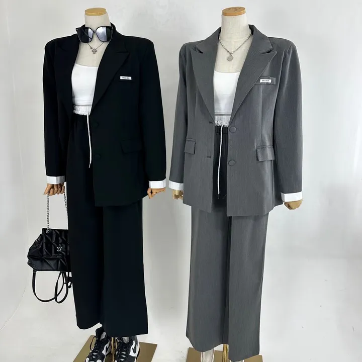 [25SS/*고퀄*/강추코디/하객룩/오피스룩/세트가격💕] 루즈핏 소매 레이어드 배색 미니패치 패드 베이직 자켓 + 하이 배색 밴딩 롱 슬랙스 와이드 팬츠 SET셋업(3COLOR) 상세 이미지 16