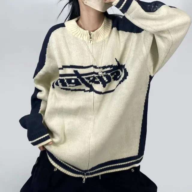 [~3XL] 빈티지 힙무드 박시니트집업💝 배색 나그랑 스트릿/투웨이 남녀공용 커플 빅사이즈 [4070] 상세 이미지 23