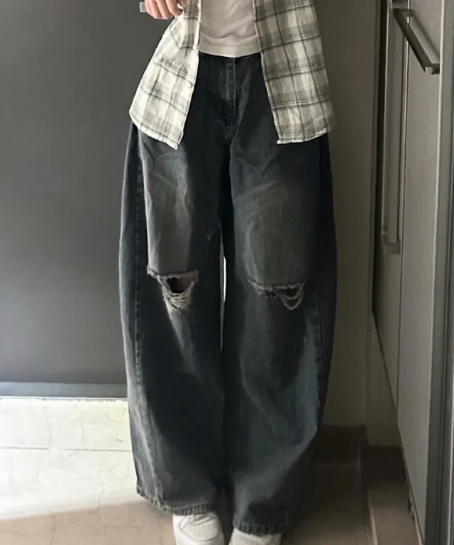  (핏보장🩵/벌룬핏)찢청 하이웨스트 롱팬츠 키작녀/키큰녀🩵