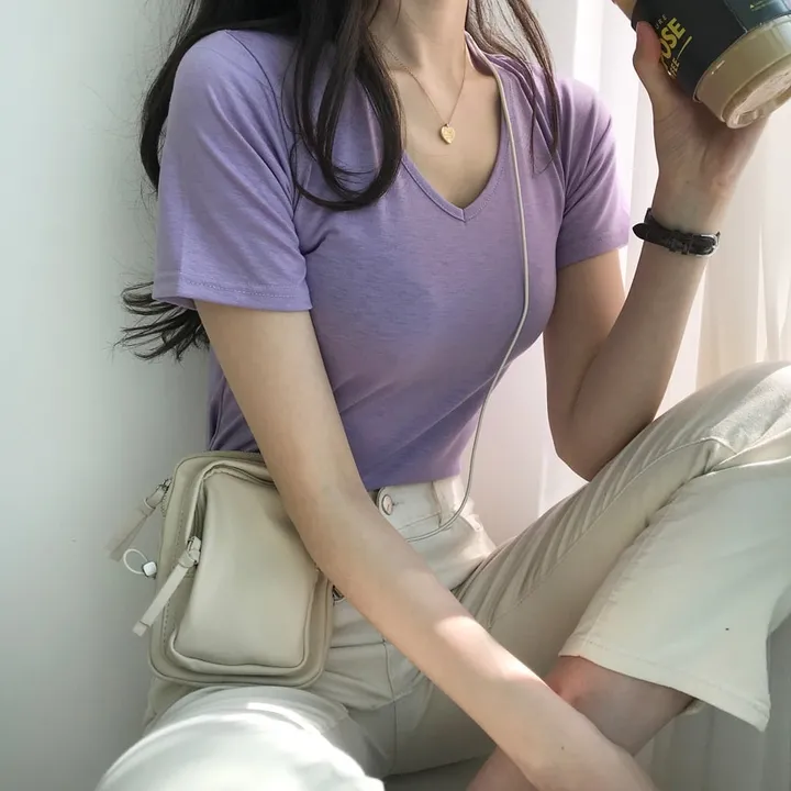 [퀄보장] *오늘출발* 부드러운 크림, 브이넥 무지반팔티 (쫀득핏 슬림 기본 반팔 티셔츠/이너티/기본티/무지티/레이어드티) 상세 이미지 22