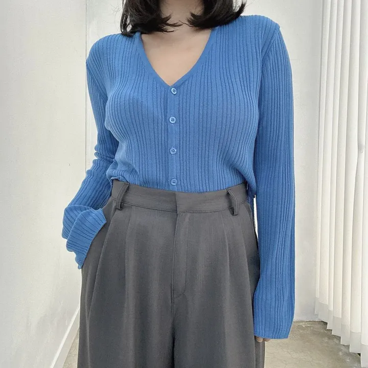 [빅사이즈/봄 필수템🌸] 반해 버튼 브이넥 골지 슬림 사선 가디건 상세 이미지 18