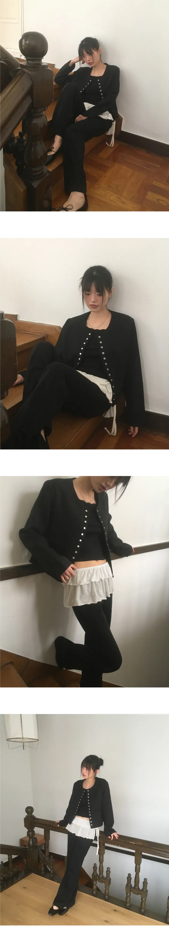 [봄.간절기🌸/포멀.캐주얼🖤/MADE] 라메 스냅 버튼 노카라 하객룩 트위드 자켓 상세 이미지 10