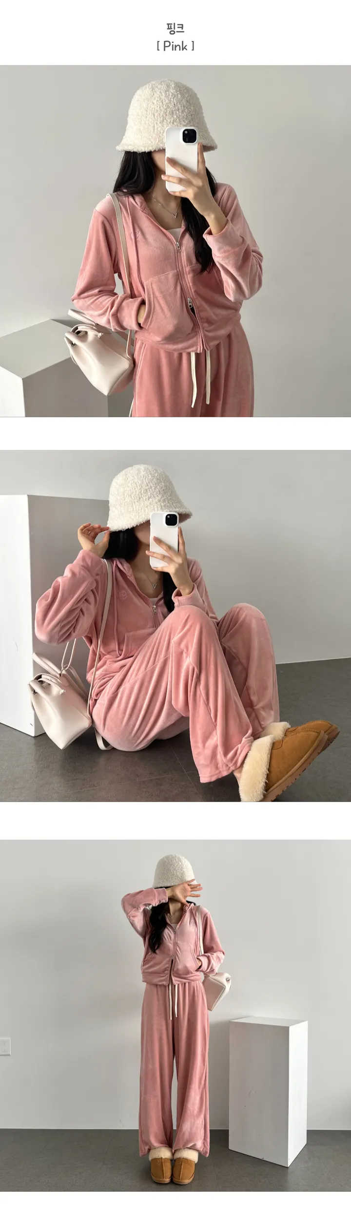 세트기획🐰모델소장💜] 겨울코디, 기모 벨벳 자수 크롭 후드집업 + 와이드 팬츠  - 투피스 코디세트 트레이닝셋업 상세 이미지 14