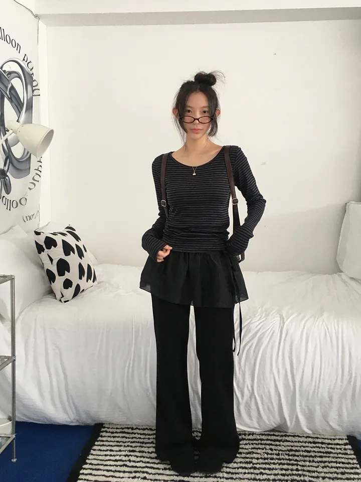 [슬림핏!/간절기,봄필수! 잔단가라 라운드넥 단가라티셔츠 긴팔티셔츠 이너티 기본티] 엘리슬림핏단가라긴팔T 상세 이미지 24