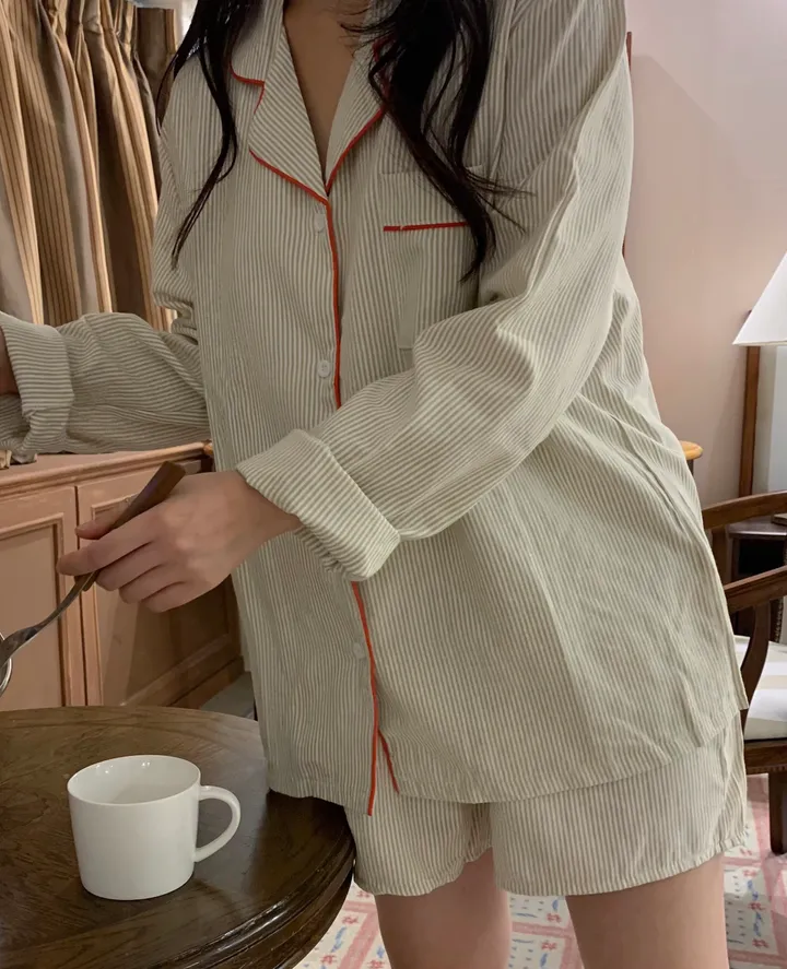 [커플잠옷][2000장돌파] timeless pajamas set 긴팔 반바지 잠옷 세트 베이지 상세 이미지 4