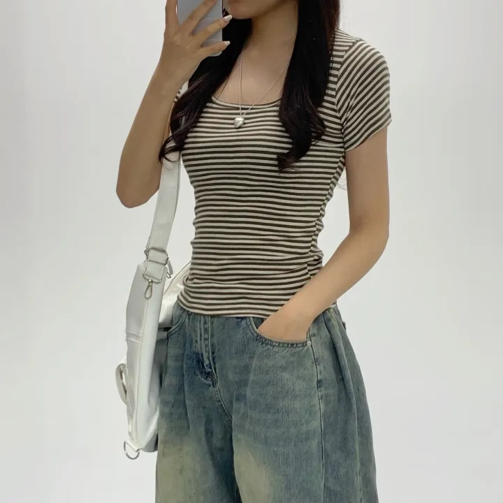 [슬림여리핏/핏보장] 제나 라운드 줄무늬 단가라 반소매티셔츠 여름반팔 기본티셔츠 (3Col) 상세 이미지 5