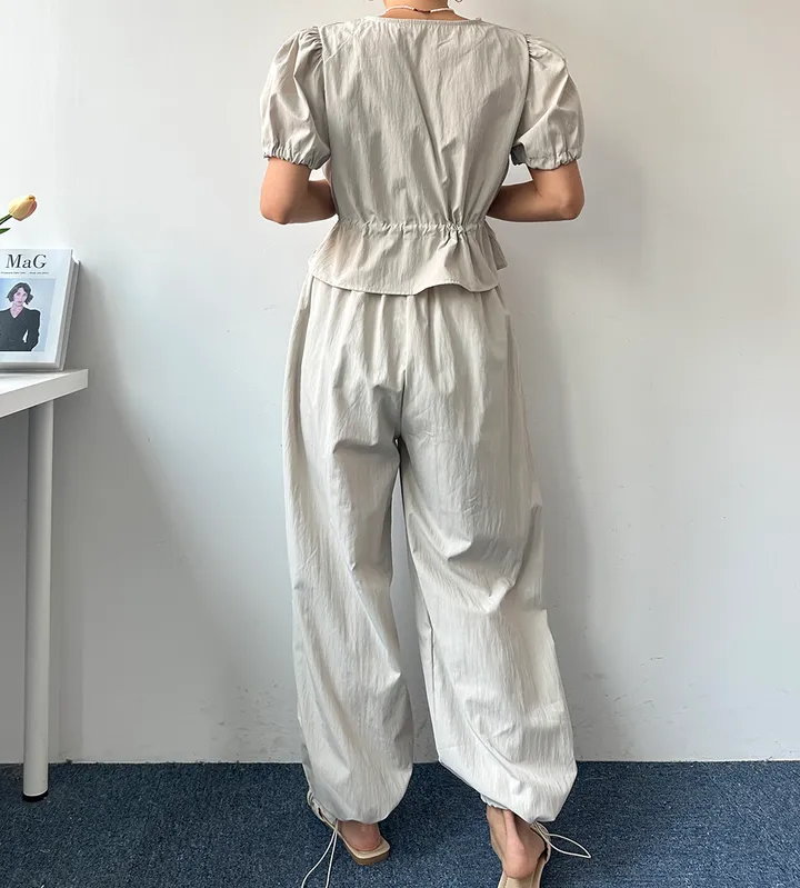 [투웨이/구김걱정NO] 애니 브이넥 퍼프양스트링 블라우스 와이드팬츠 여름투피스 세트 상세 이미지 15