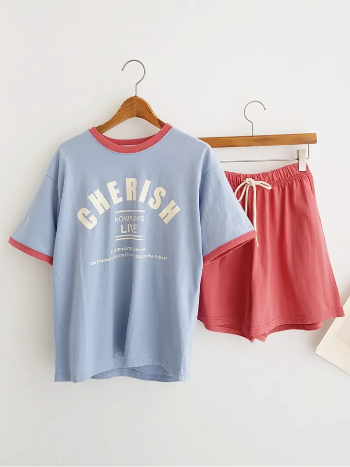 [데일리SET] 꾸안꾸 배색 포인트 레터링 프린트 반팔 티셔츠 밴딩 반바지 여름홈웨어 파자마세트 여름추리닝 트레이닝세트 여름휴가 바캉스룩 물놀이패션 휴양지룩 동남아여행룩 상세 이미지 3