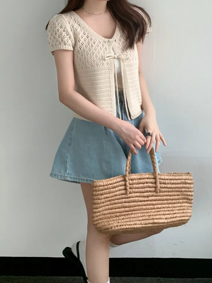 멜라운지 콤비 하프 가디건 mellounge 2col 반팔 여름 리본 펀칭 레이어드 러블리 상세 이미지 16