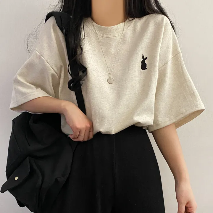 [넉넉/데일리] 러블리 래빗 자수 오버핏 반팔티T 상세 이미지 5