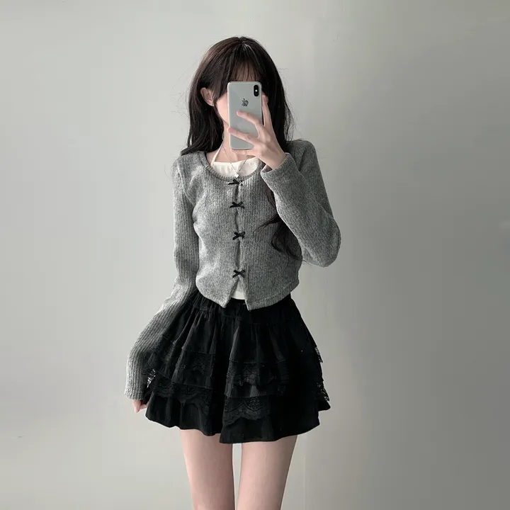 *봄가을ver추가* [코디세트/완전귀여운!] 뮤즈 보들 리본 트임 홀터넥 나시 레이어드 일체형 니트 + 슈아 밴딩 골지 레이스 캉캉 스커트 투피스 세트 상세 이미지 7