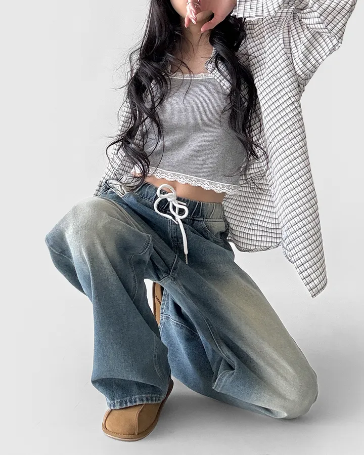[~2XL] 마블 소프트 워싱 허리 밴딩 와이드 일자핏 데님 팬츠 바지 상세 이미지 8