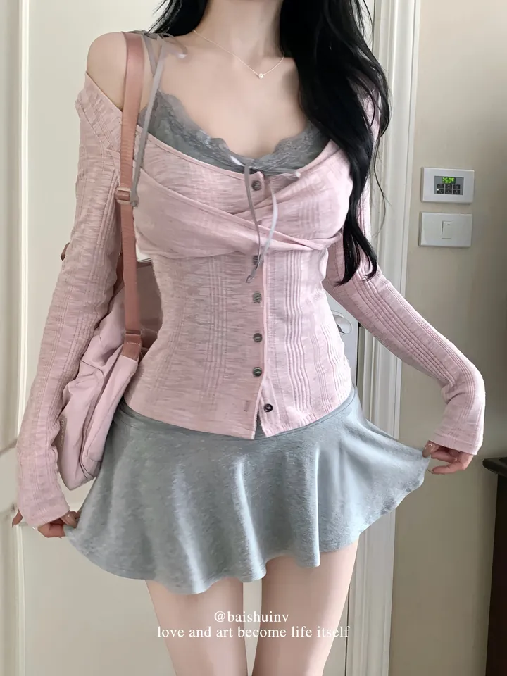 [발레코어 쓰리피스 러블리 페미닌룩] 로안 3pcs 레이어드 나시+가디건+스커트 쓰리피스 세트 상세 이미지 2
