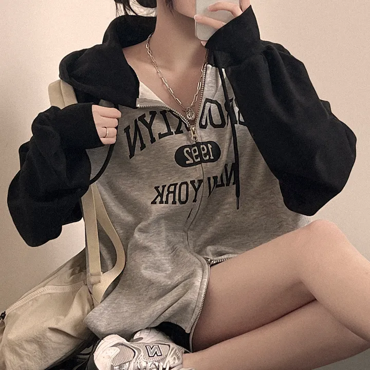 [아방루즈핏/교복템!] 나그랑 배색 프린팅 투웨이 뉴욕 후드 집업 (5color) 상세 이미지 12