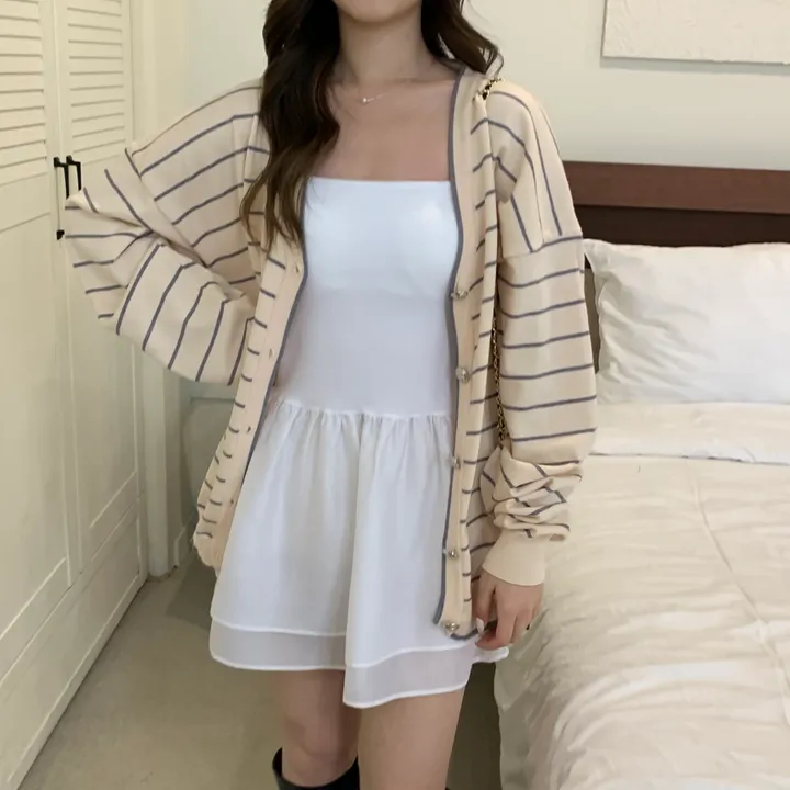 [은장단추 단가라 가디건] 가디건/봄가디건/77사이즈가능/여성가디건/단가라룩/은장단추/꾸안꾸무드/여성니트/루즈핏가디건/여친룩/봄코디/스트라이프니트/러블리룩/박시핏가디건 상세 이미지 3